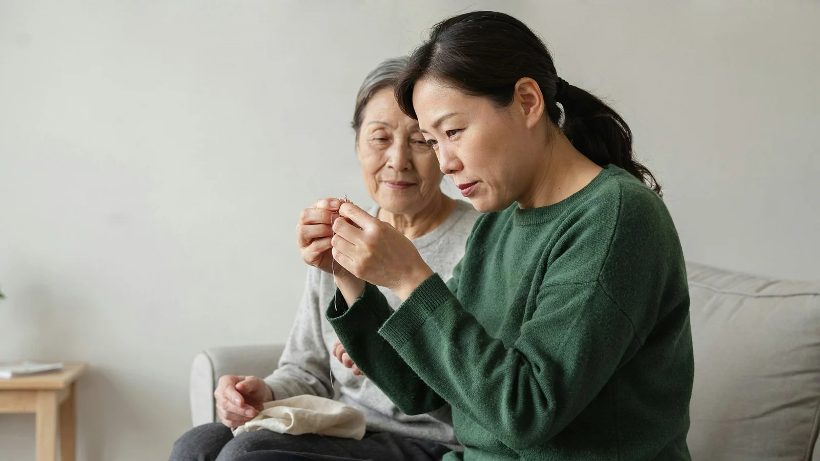 Two women reading together on a sofa