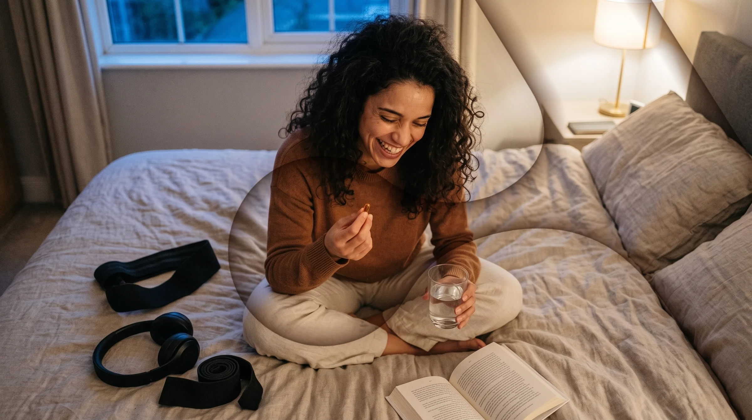 The same woman at home in the evening, taking a capsule on her bed