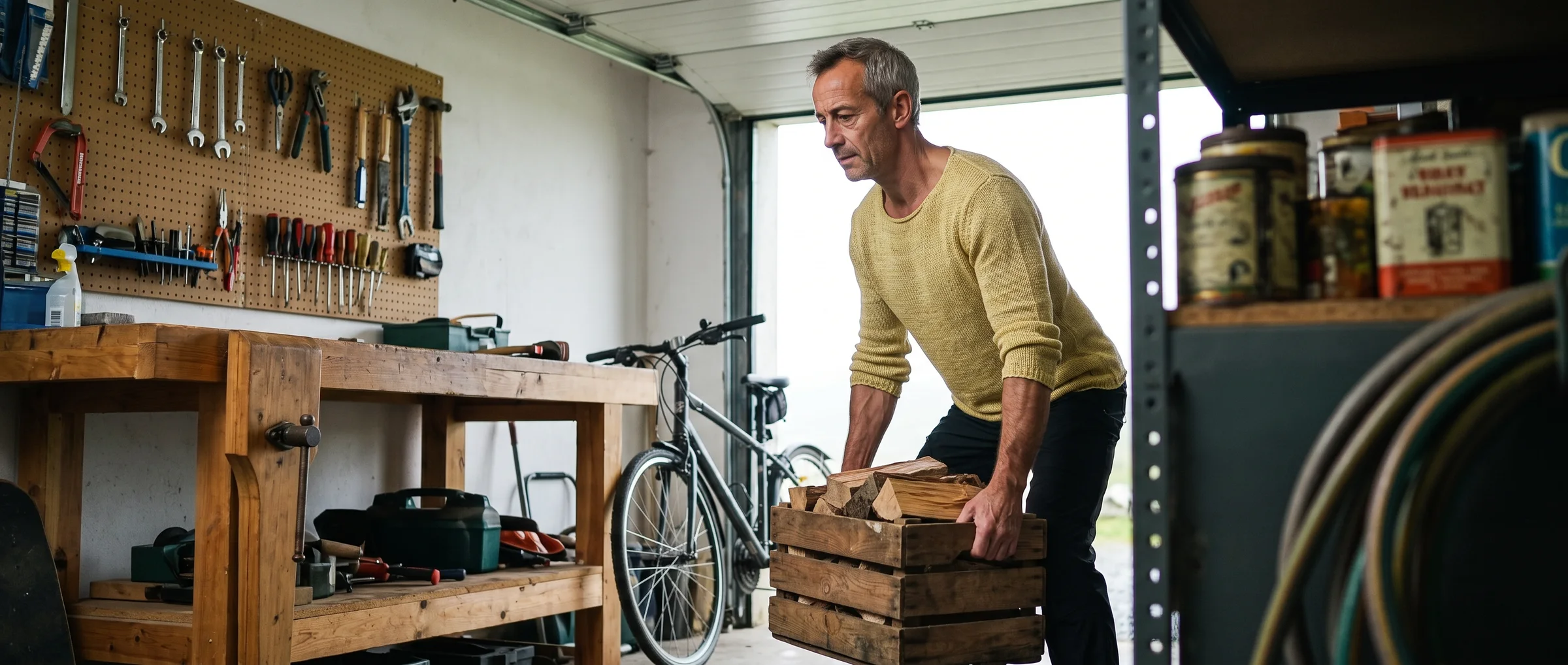 The same man lifting a crate of firewood in his garage
