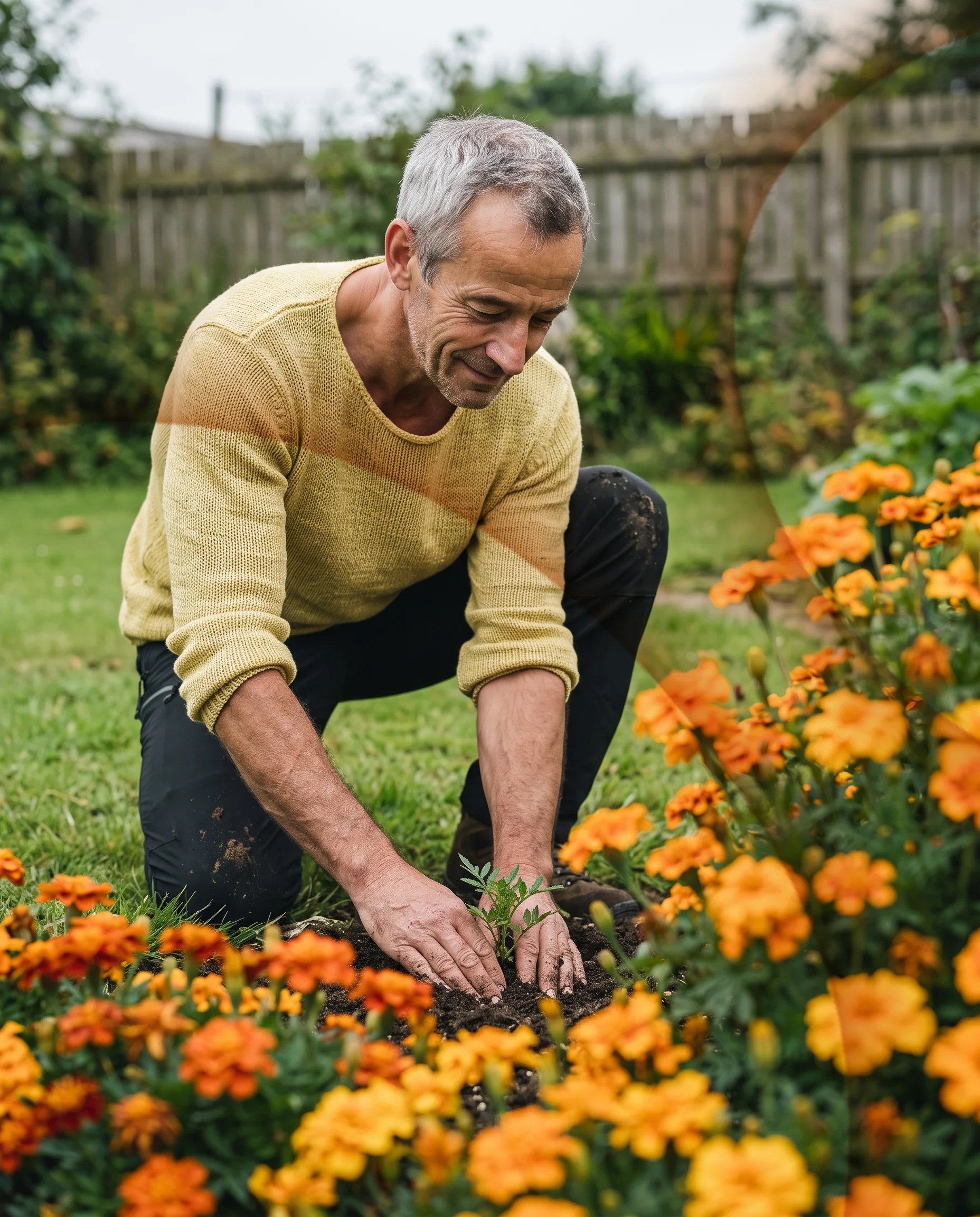 A man in his fifties planting in his garden among marigolds
